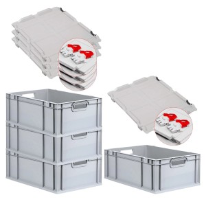 PROREGAL SuperSparSet: 4 graue Euroboxen mit Deckel und roten Verschlüssen, 44 Liter.