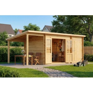 Alpholz Gartenhaus Maria-28 mit Schleppdach, naturbelassen. Holzhaus mit Gerätebereich und überdachtem Sitzplatz.