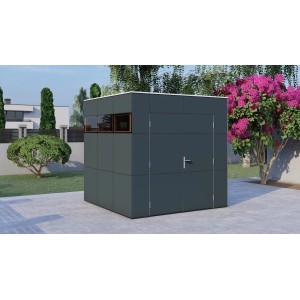 Modernes, anthrazit-graues Bertilo Gartenhaus HPL mit Flachdach und Fenster. Ideal zur Aufbewahrung im Garten.
