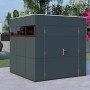 Modernes, anthrazit-graues Bertilo Gartenhaus HPL mit Flachdach und Fenster. Ideal zur Aufbewahrung im Garten.