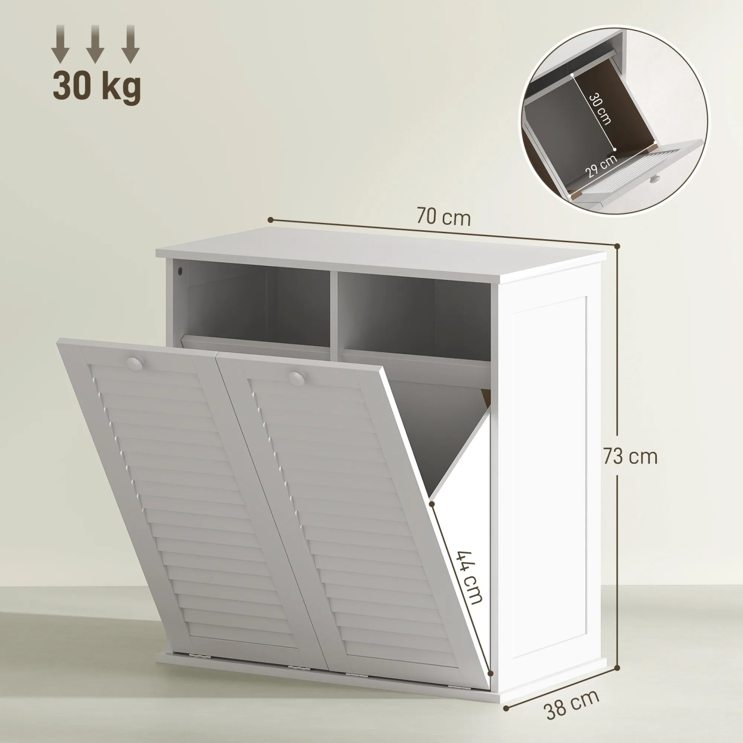 HOMCOM Wäscheschrank, weißes MDF, mit 2 Wäschekörben. Badregal mit Lamellentüren für gute Belüftung.