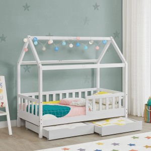 Weißes Juskys Kinderbett Marli 90x200 mit Bettkasten, Matratze und Lattenrost im Haus-Design.