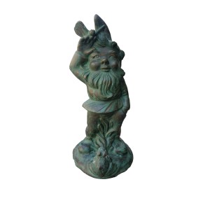 Bronzefarbener Gartenzwerg mit Frosch, ca. 42 cm hoch, als Dekoration für den Garten.