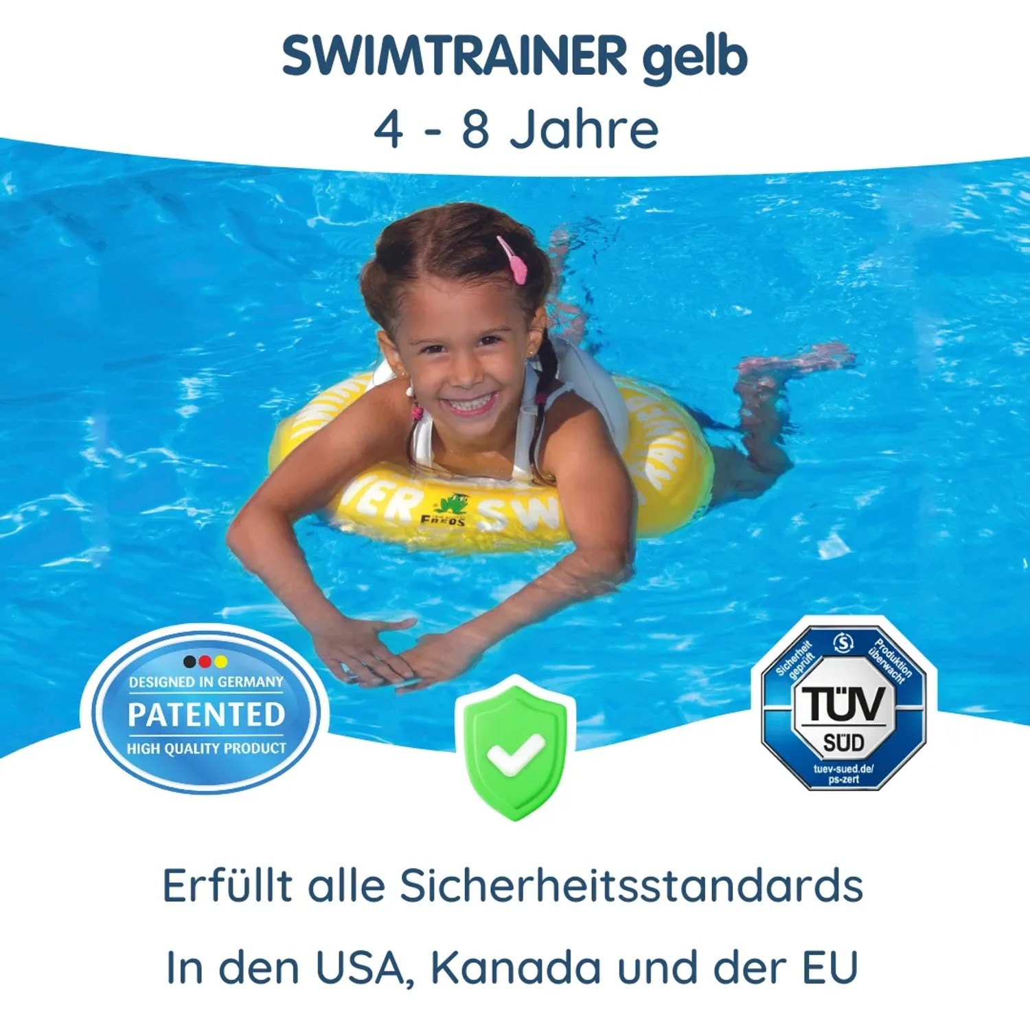 Kind mit gelbem Freds Swim Academy Schwimmreifen Classic im Wasser, geeignet für Kinder von 4-8 Jahren.