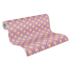 Retro Tapete mit geometrischem Muster in Lila, Gelb, Rosa und Creme-Weiß.