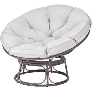 osoltus UFO Moon Lounge Gartensessel Papasan mit hellem, dickem Kissen und dunklem Stahlgestell.