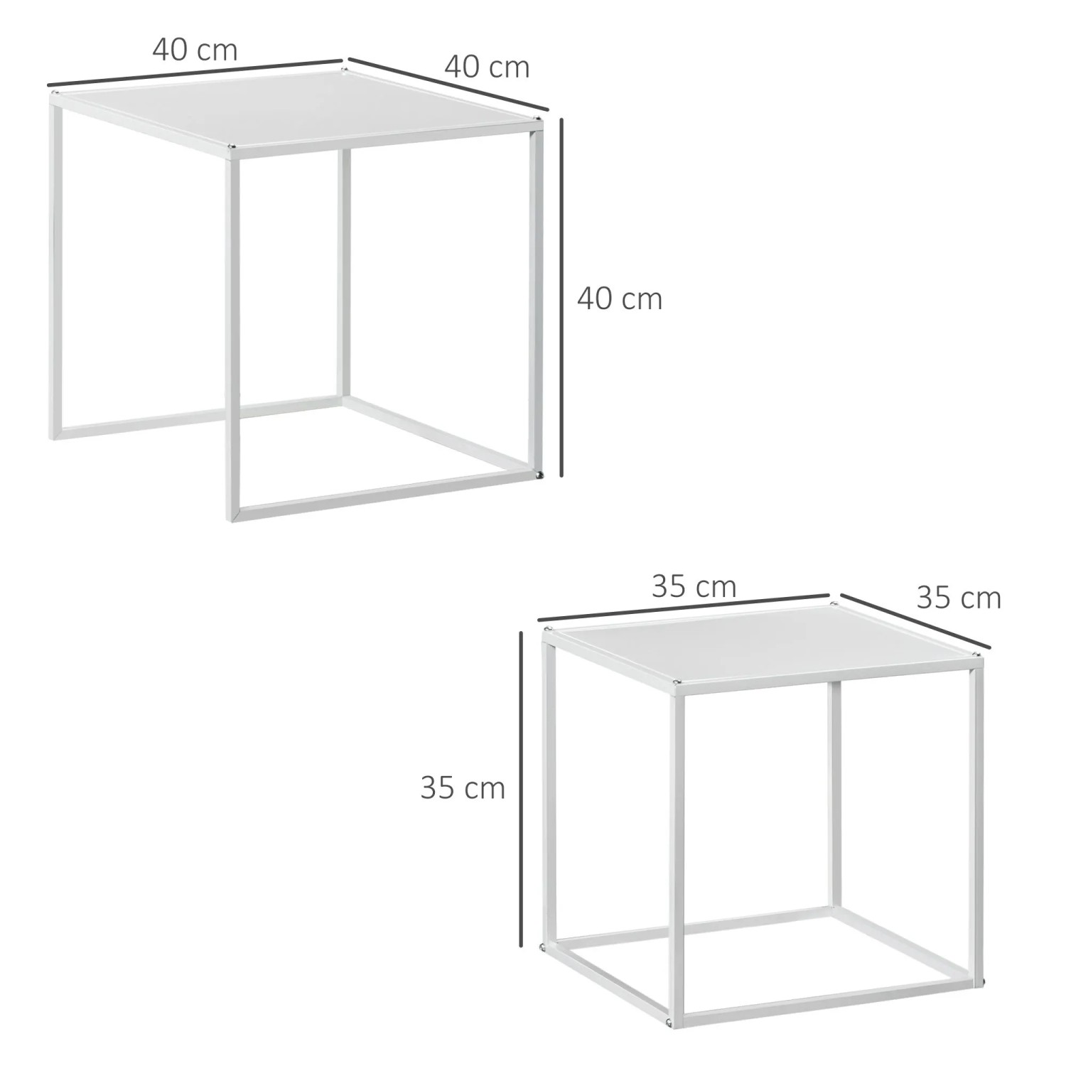 Weißes HOMCOM Couchtisch-Set aus Stahl: zwei quadratische Beistelltische, 40x40x40 cm und 35x35x35 cm, modern.