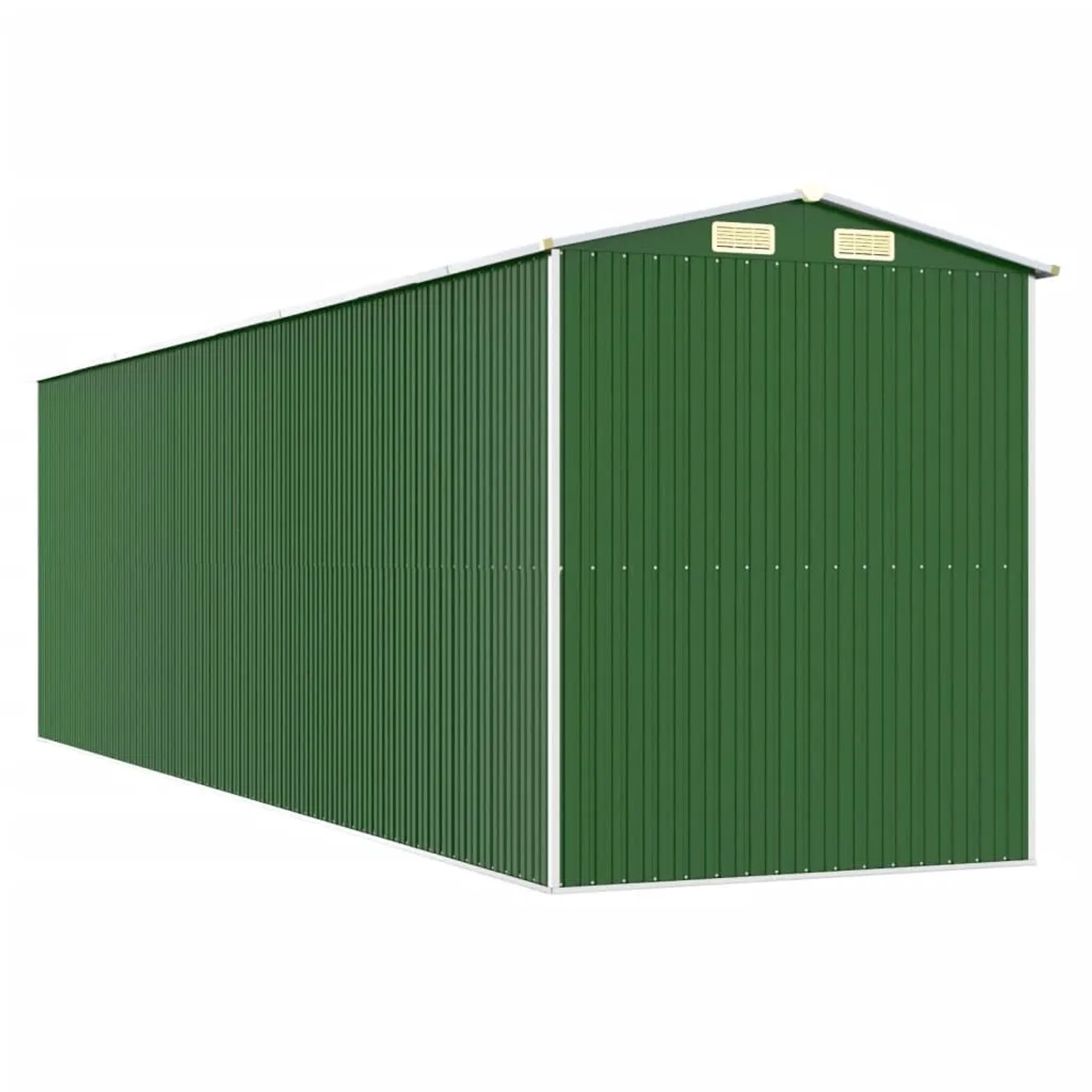 Geräumiger, grüner Geräteschuppen aus verzinktem Stahl (192x689x223 cm) für den Garten.
