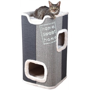Trixie Kratzbaum Cat Tower Jorge, anthrazit, lichtgrau, grau, mit Katze auf oberster Ebene.