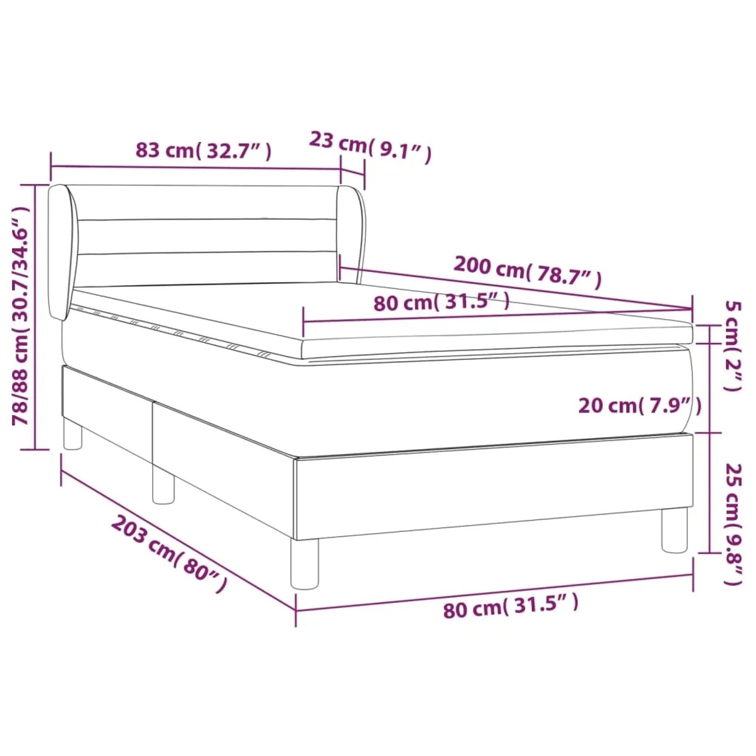 Skizze Boxspringbett hellgrau 80x200cm mit Matratze und Kopfteil, Maße eingezeichnet.