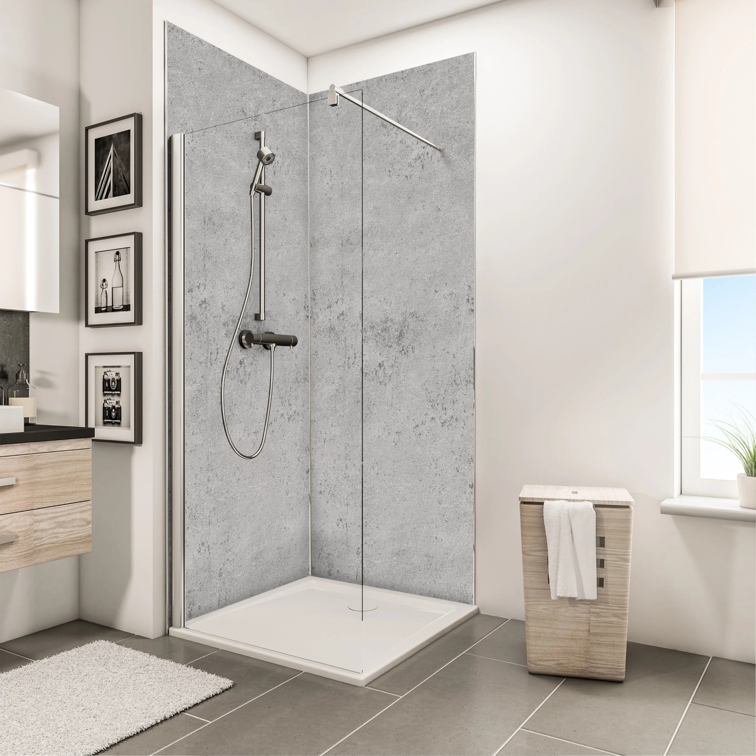 Schulte Duschrückwand DecoDesign Stein Grau Hell, 255x100cm im Badezimmer.