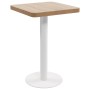 Quadratischer Bistrotisch, hellbraune MDF-Platte, weißes Stahlgestell, 50x50 cm.