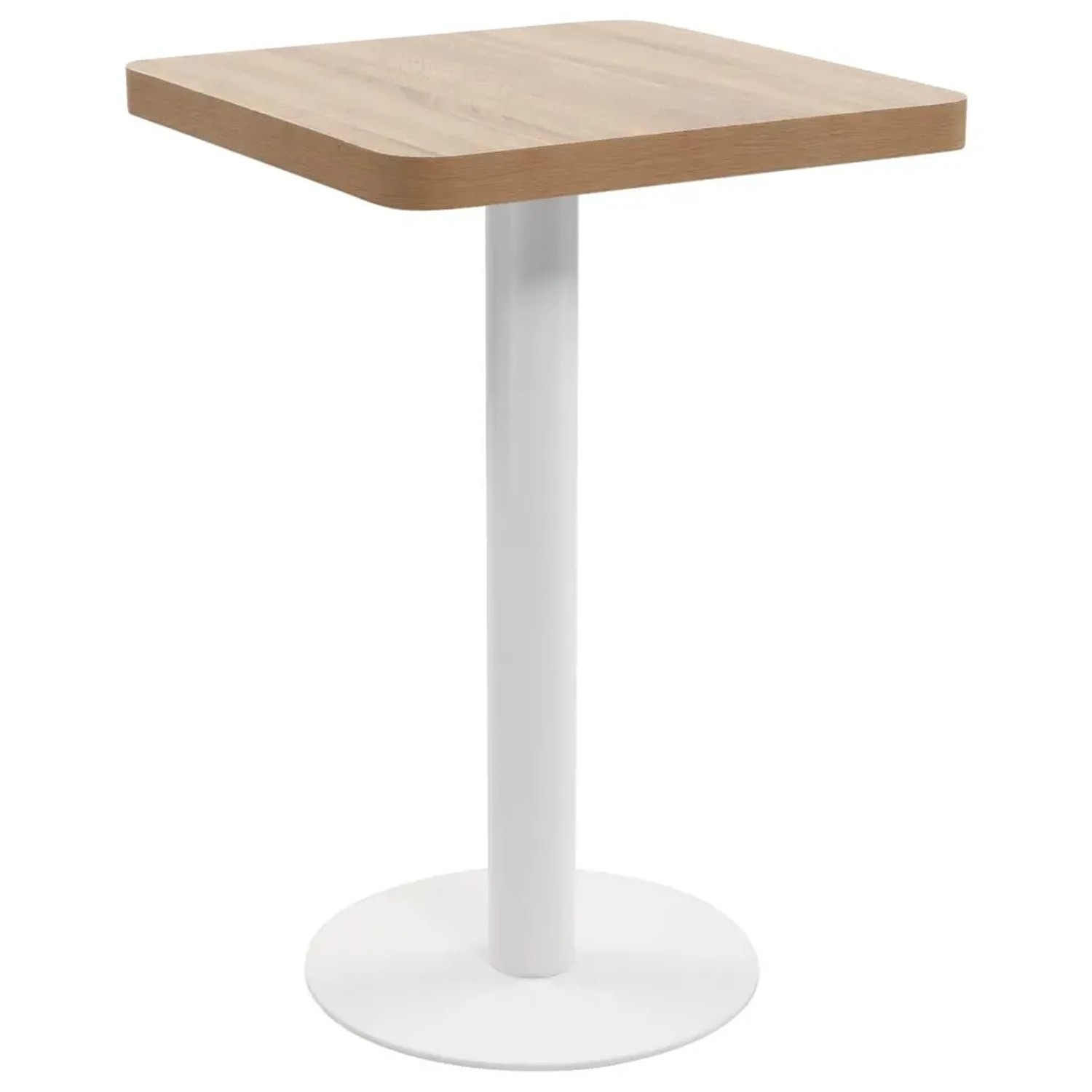 Quadratischer Bistrotisch, hellbraune MDF-Platte, weißes Stahlgestell, 50x50 cm.
