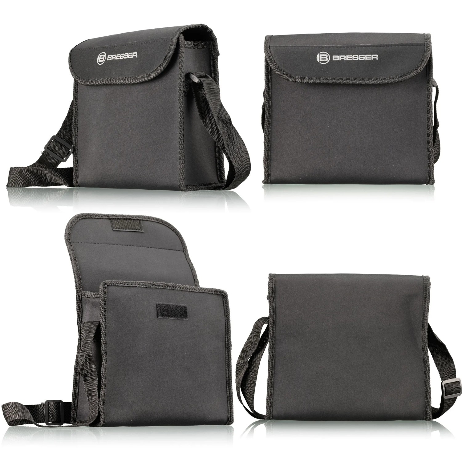 Schwarze Tasche für Bresser Fernglas Hunter 10x50, mit Trageriemen, verschiedene Ansichten.