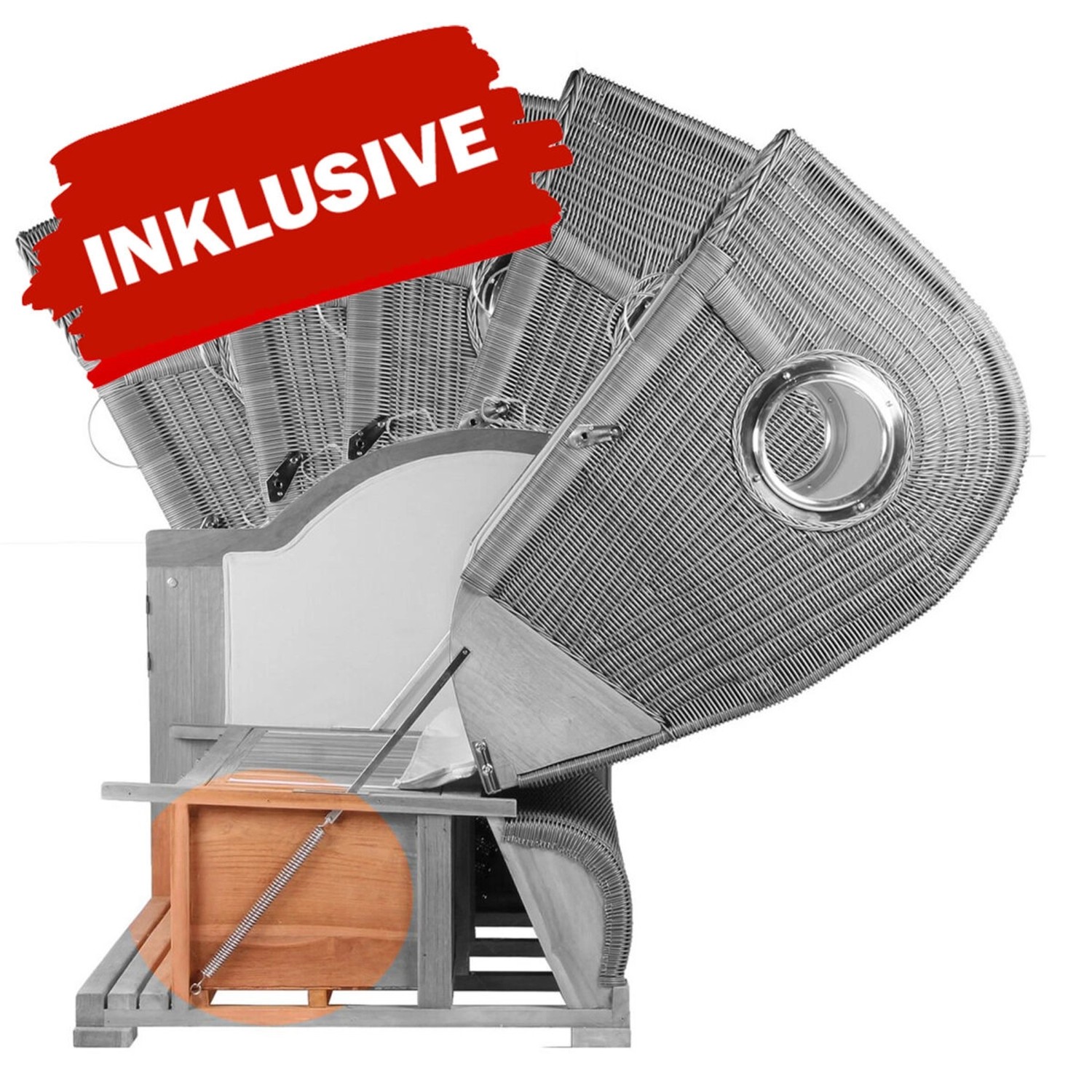 bene living Strandkorb Ammersee Teak, PE Shell, mit Bullauge und ausziehbarer Fußstütze.