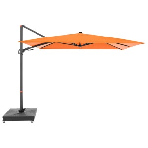 Orangefarbener Doppler Ampelschirm MyZone 300x220 cm mit Kurbel und grauem Ständer.