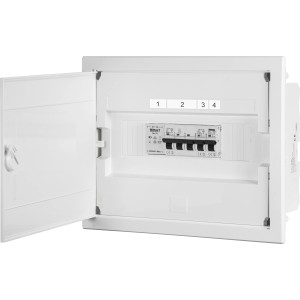 Unterputz Kleinverteiler mit geöffneter Tür, 12 TE, weiß, für die Elektroinstallation im Innenbereich.