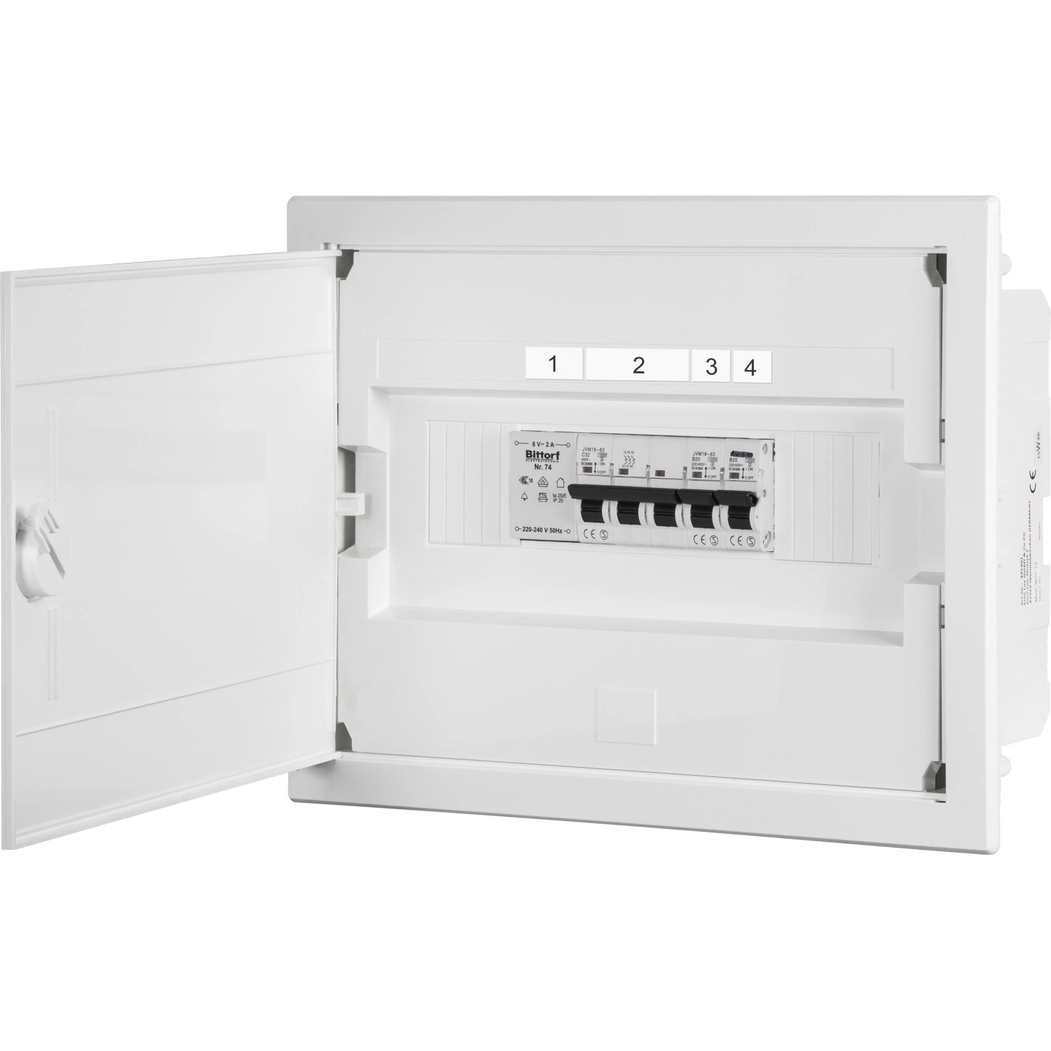Unterputz Kleinverteiler mit geöffneter Tür, 12 TE, weiß, für die Elektroinstallation im Innenbereich.