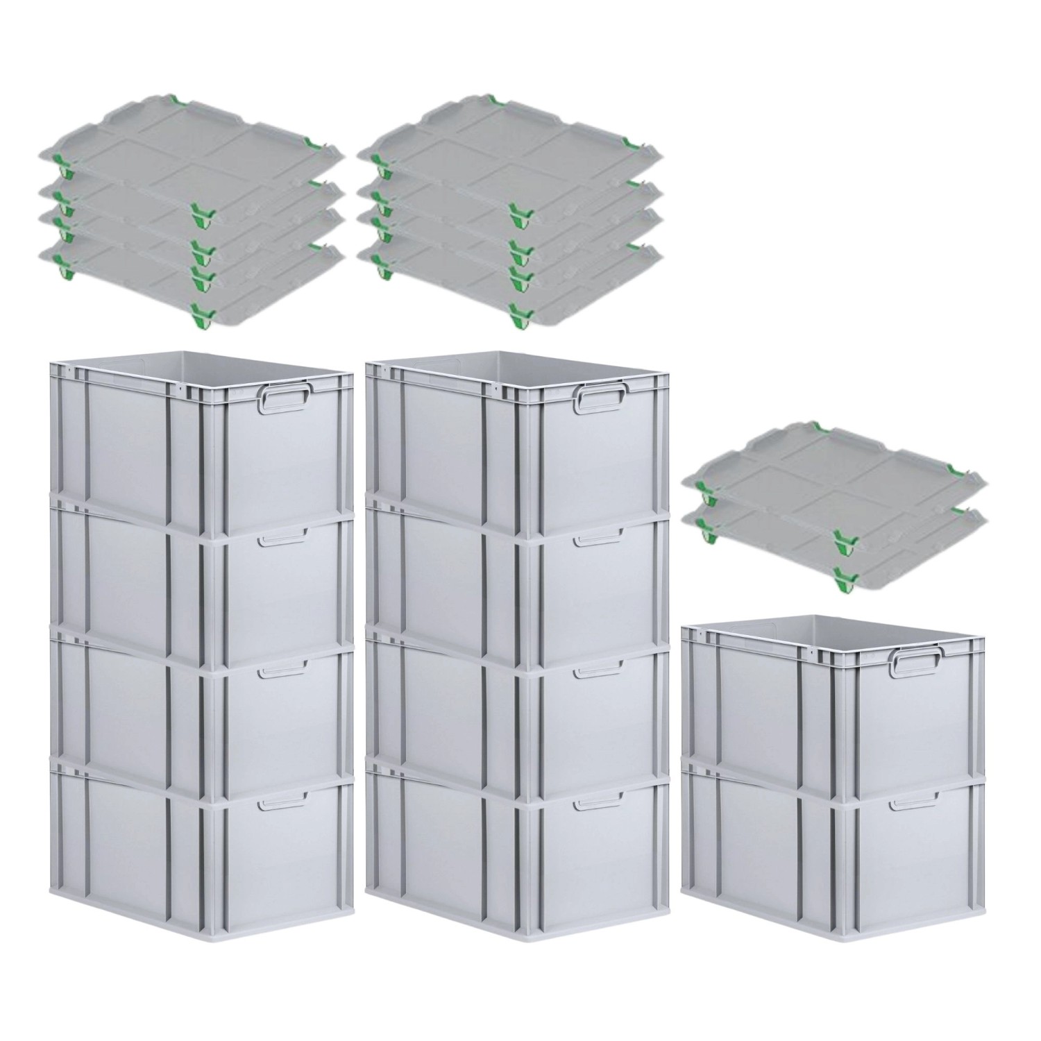 PROREGAL SparSet 10x Eurobox NextGen Grip mit Auflagedeckel mit 4 Grünen Schiebeschnappverschlüssen HxBxT 32 x 40 x 60 c...