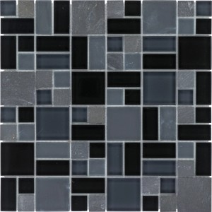 Mosaikmatte Glas & Schiefer Black Block, 30x30 cm. Schwarze und graue Mosaikfliesen aus Glas und Naturstein.