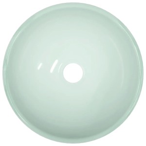 Rundes weißes Hartglas-Waschbecken, 30 cm Durchmesser, mit mittigem Abflussloch.