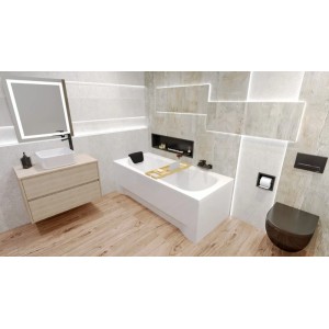 KOLMAN Rechteckbadewanne 150x70 cm, weiß, mit Bambus Badewannenablage und Kopfkissen. Inkl. Ablauf und Füße.
