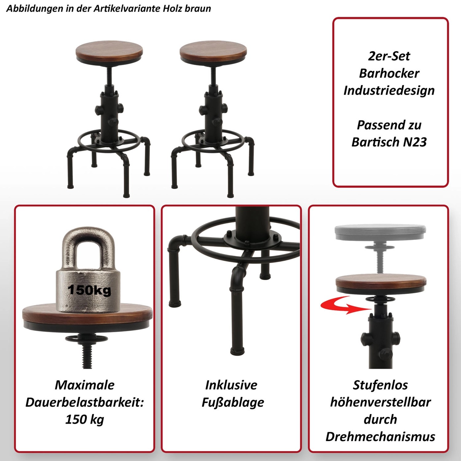 2er Set Barhocker N23 im Industrie Design, braune Holz-Sitzfläche, Stahlgestell, höhenverstellbar.