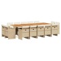 Beige 15-tlg. Garten-Essgruppe aus Rattan mit Holztisch und Stühlen mit Kissen.