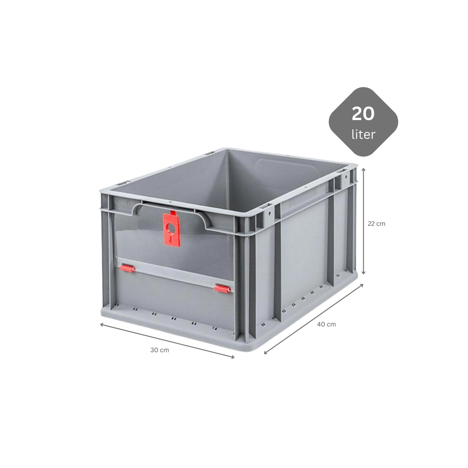 Graue PROREGAL Eurobox NextGen, 20 Liter, mit rotem Verschluss. Ideal als Transportbox und zur Aufbewahrung.