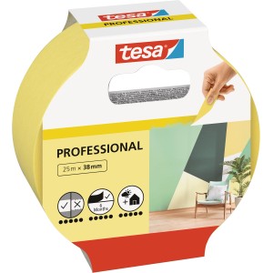 Tesa Malerband Professional, 25 m x 38 mm, aufgerollt in Verpackung mit Anwendungsbeispiel.