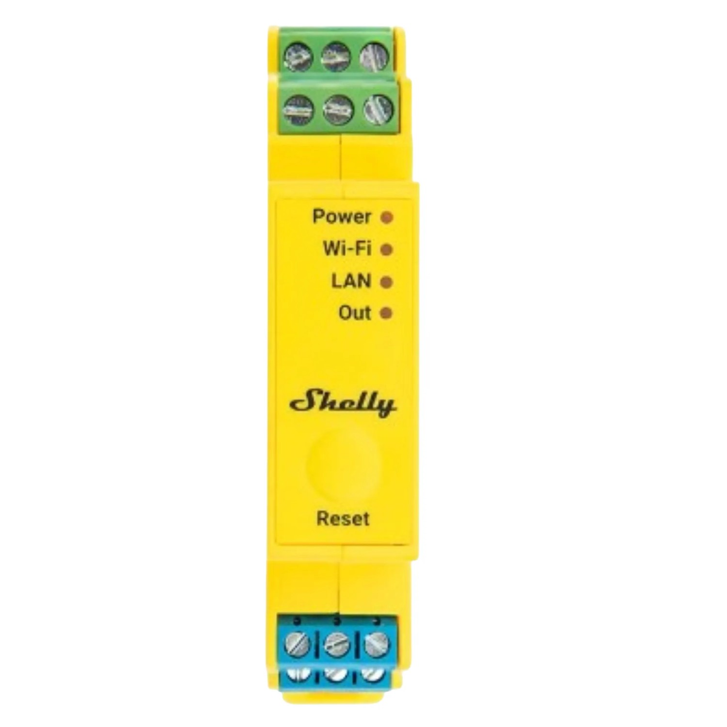 Gelber Shelly Lichtcontroller Pro RGBWW PM für Hutschiene, Hausautomation.