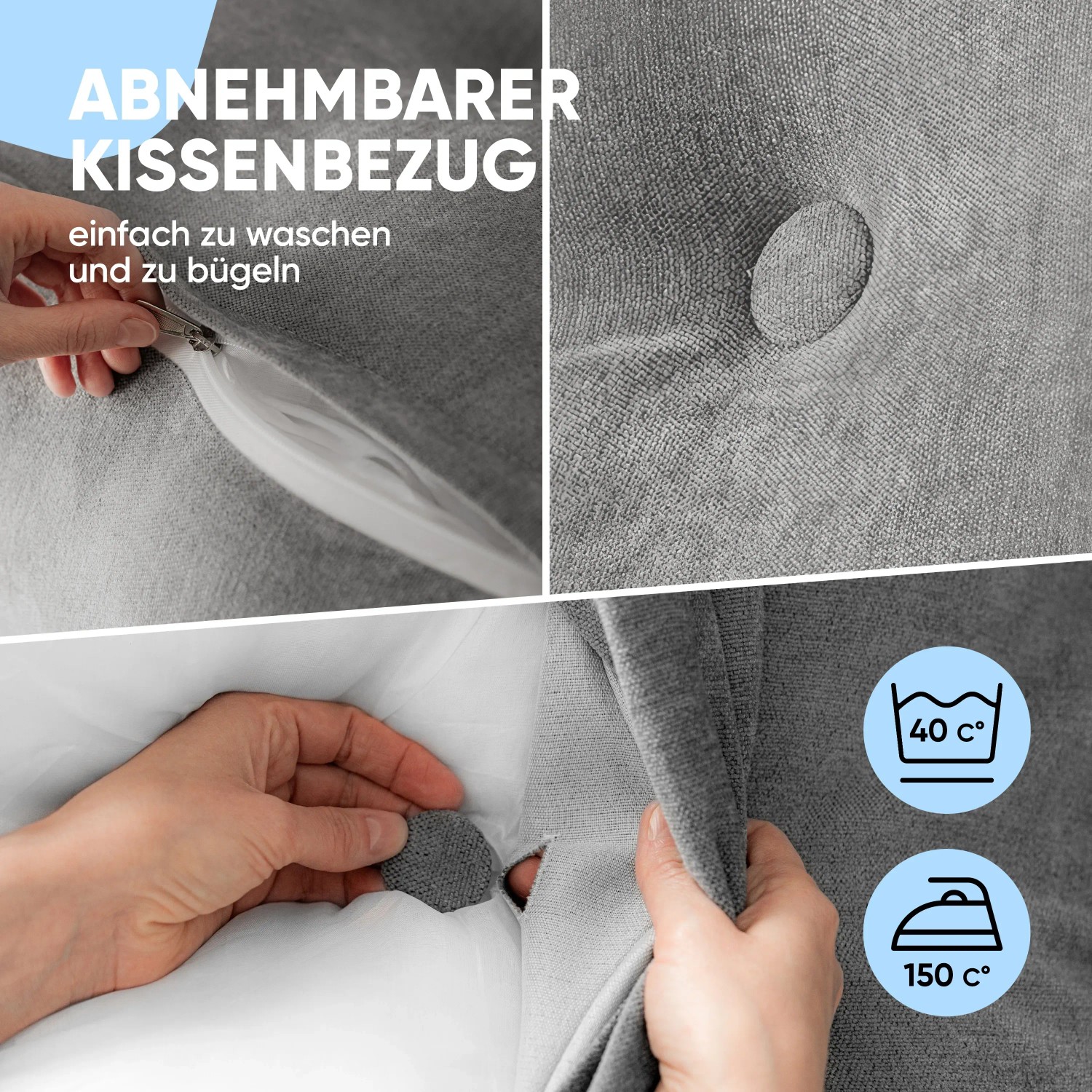 Detailansicht: Waschbarer, grauer Björn&Schiller Rückenkissen Bezug mit Reißverschluss und Pflegehinweisen.