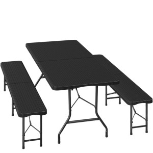 Schwarze WOLTU Bierzeltgarnitur mit klappbarem Campingtisch und zwei Bierbänken, ideal für Gartenmöbel.