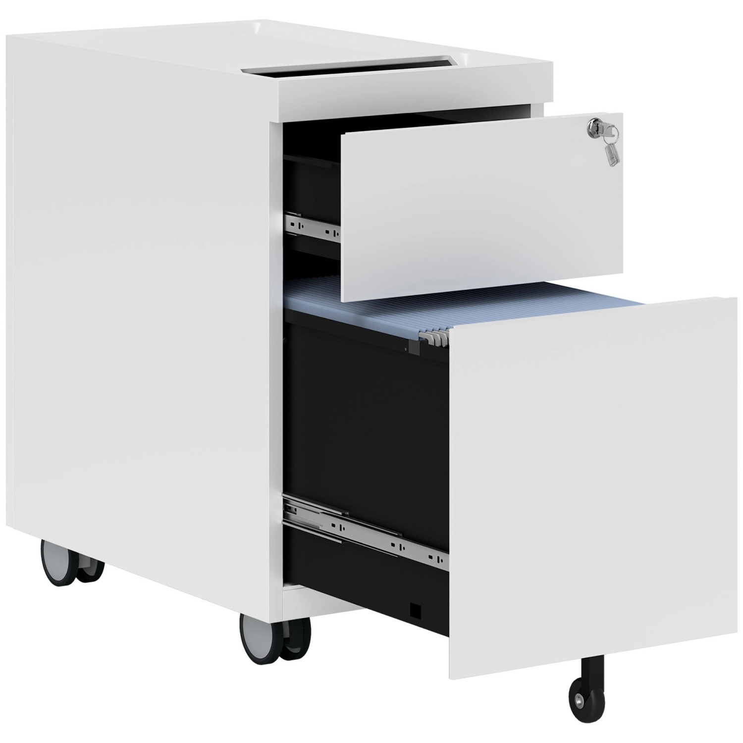 HOMCOM Rollcontainer mit 2 Schubladen Schloss Oben Stahl  30 x 50 x 53,5 cm Weiß