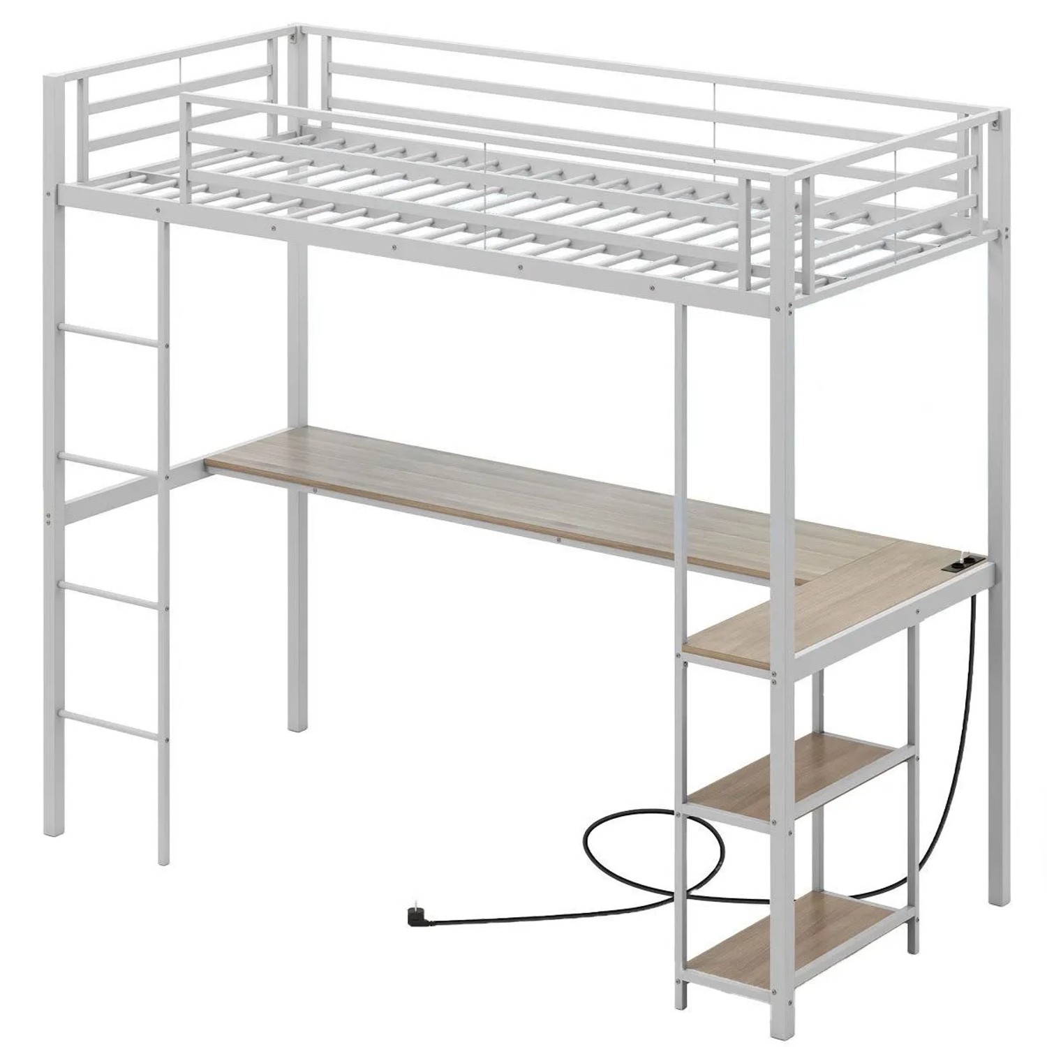 Costway Hochbett mit Schreibtisch Ladestation 90 x 200 cm Silber