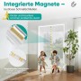 Weißer Insektenschutz-Türvorhang mit Magnetverschluss für Balkontüren. Kinder und Haustiere passieren leicht. Katzensicher, kein Bohren.