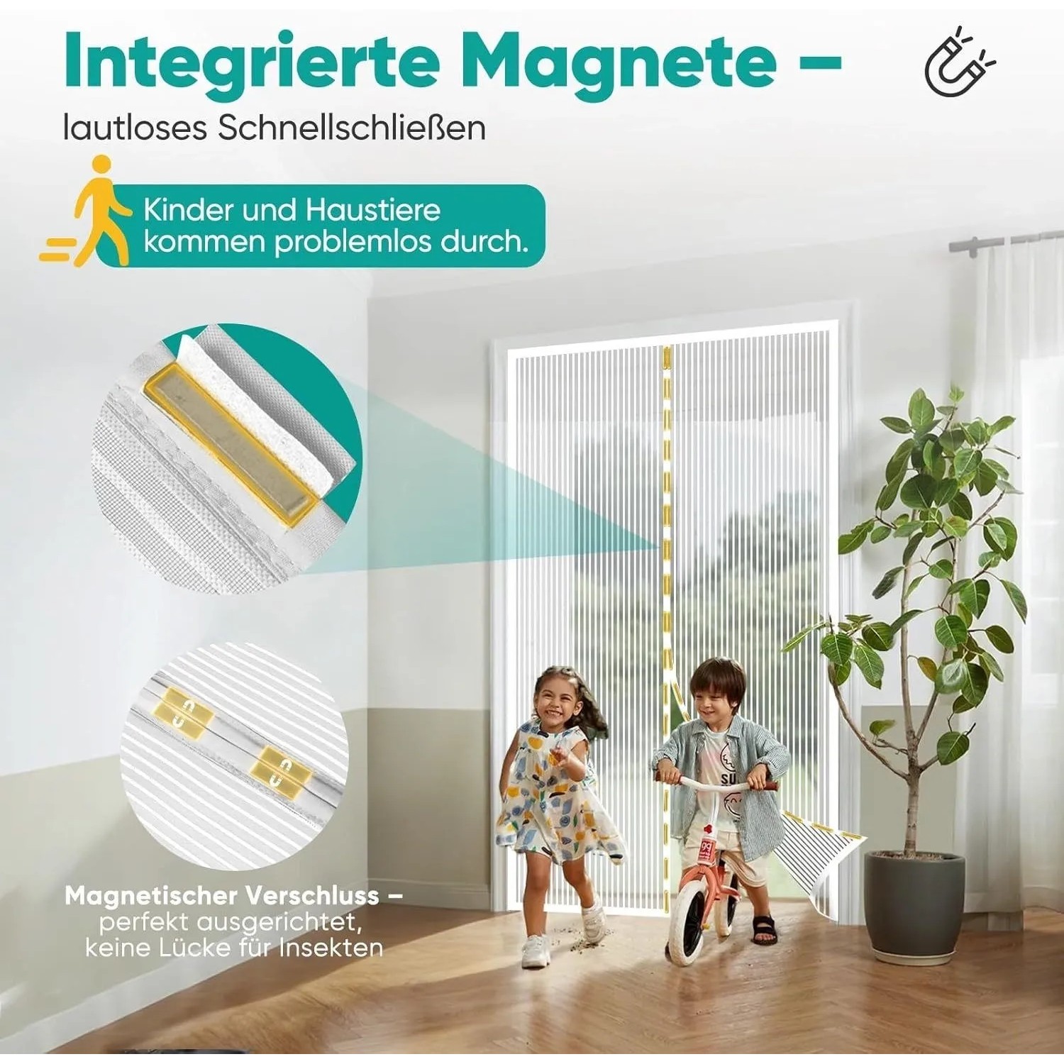 Weißer Insektenschutz-Türvorhang mit Magnetverschluss für Balkontüren. Kinder und Haustiere passieren leicht. Katzensicher, kein Bohren.