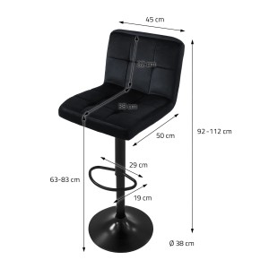 ML-Design Barhocker 2er Set, Samt Schwarz, mit Maßen. Barstuhl mit Rückenlehne und Fußstütze.