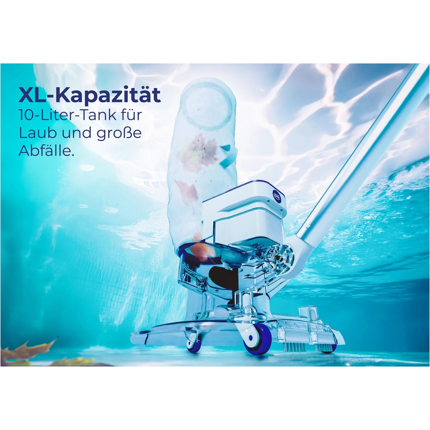 Weißer Gre Akku-Poolsauger 5.000 mAh zur Reinigung von Pools und Whirlpools.