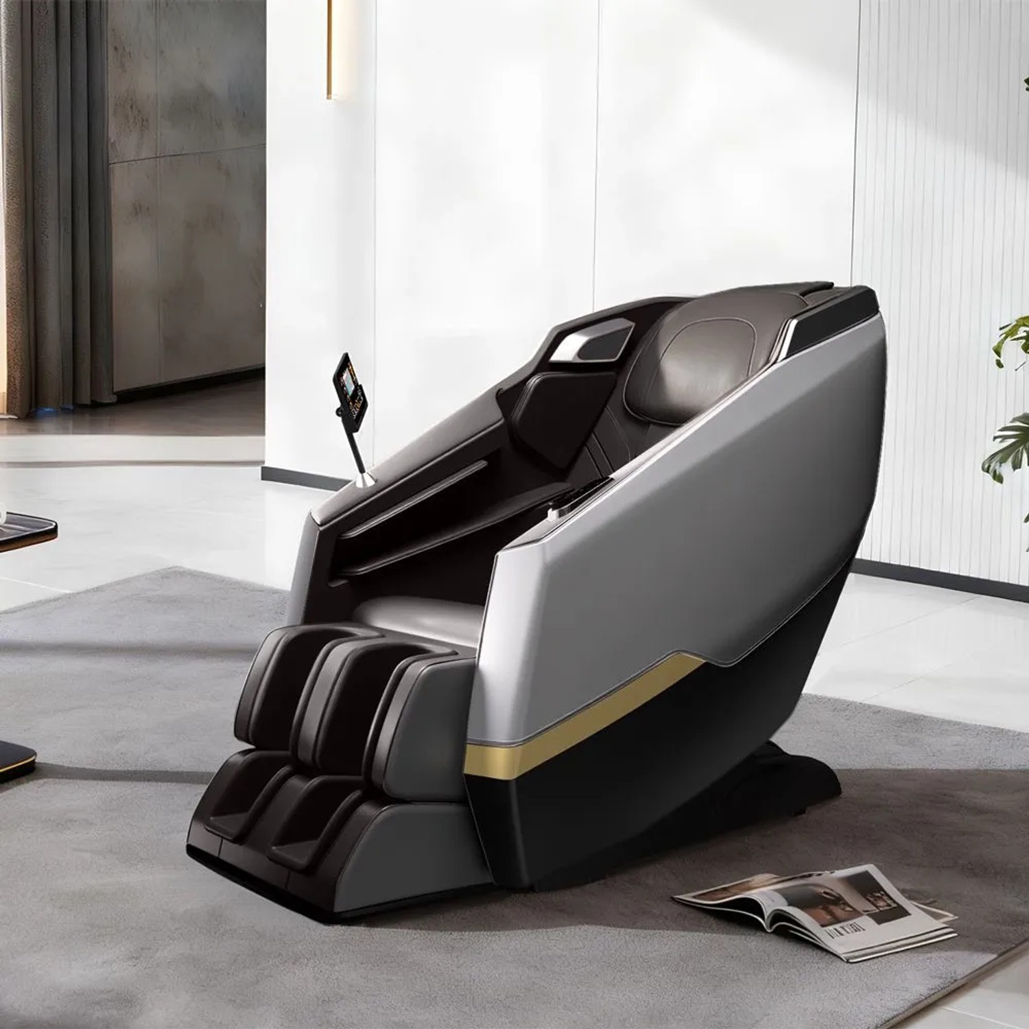 Grauer Massagesessel aus Kunstleder mit Zero-Gravity-Funktion und Touchscreen in modernem Wohnzimmer.