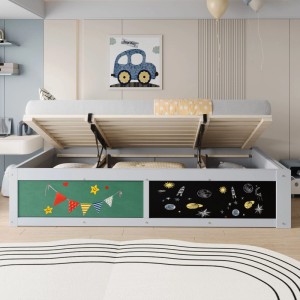 Graues Merax Kinderbett 90x200cm mit offenem Hydraulik-Stauraum, Kreidetafel und Filztafel.