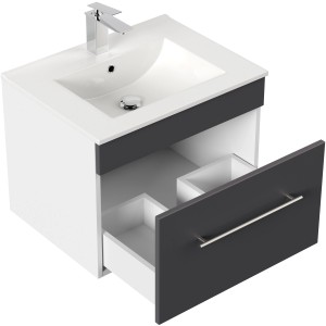 Posseik Waschplatz Viva 60 cm, anthrazit, mit offenem Schubfach und Keramikwaschbecken.