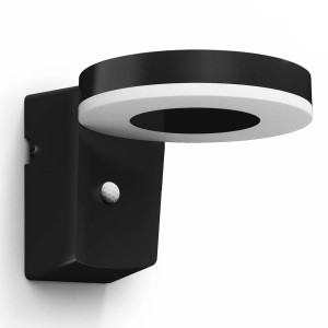 Schwarze, runde Philips Solar-Wandleuchte Zonal mit Bewegungssensor für den Außenbereich.