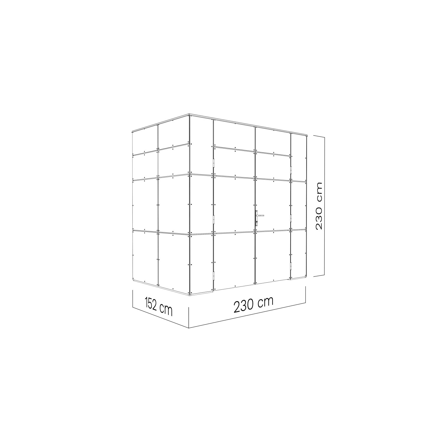 Abbildung des Bertilo Gartenhaus HPL Mini in Anthrazit, Maße 231x152 cm, zur Illustration der Produktabmessungen.