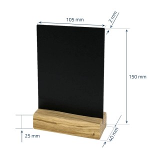 Schwarzer DIN A6 Kreidetafel Tischaufsteller mit hellem Holzfuß. Ideal für Notizen, Preise oder Menüs in Büro & Gastronomie.