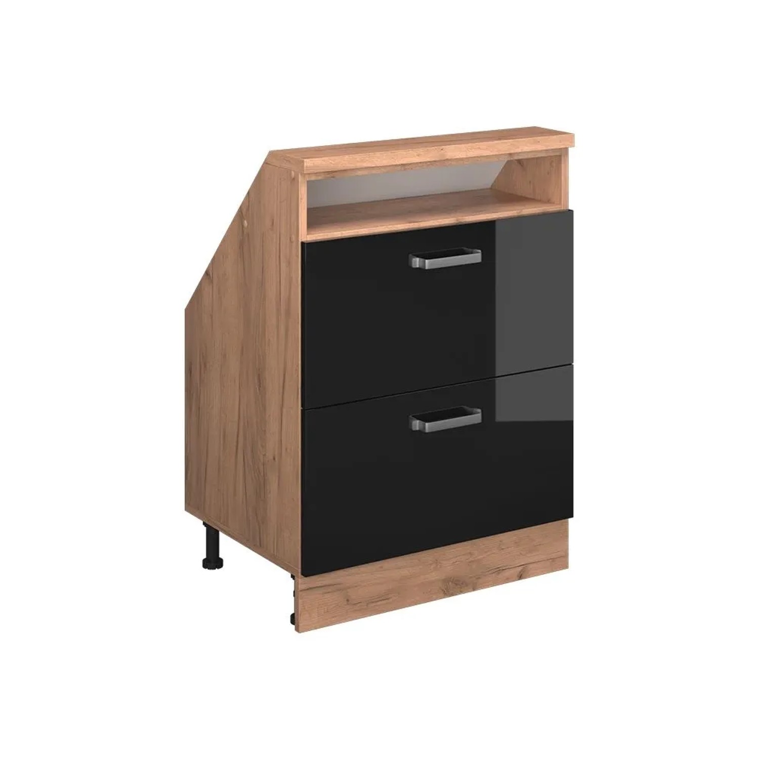 Vicco Küchenschrank für Dachschrägen R-Line Schwarz Hochglanz Goldkraft Eiche 60 x 82 mit 2 Schubladen Art Nr 58231