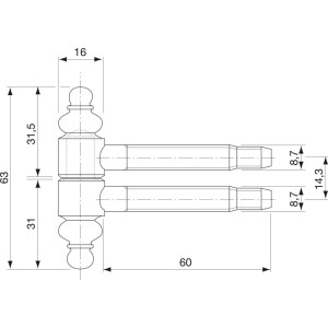Technisches Diagramm des Sfs Einbohrbands mit Zierkopf, vermessingt. Zeigt Maße: ø 16 mm, Höhe 63 mm, Bolzen 60 mm.