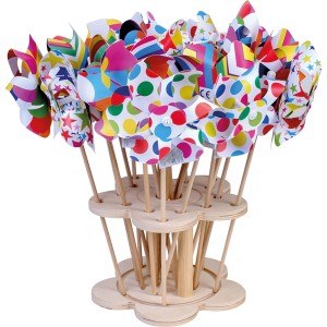 Happy People Windmühlen Set Eco Line, 24 bunte Windräder mit verschiedenen Mustern im Holzständer.