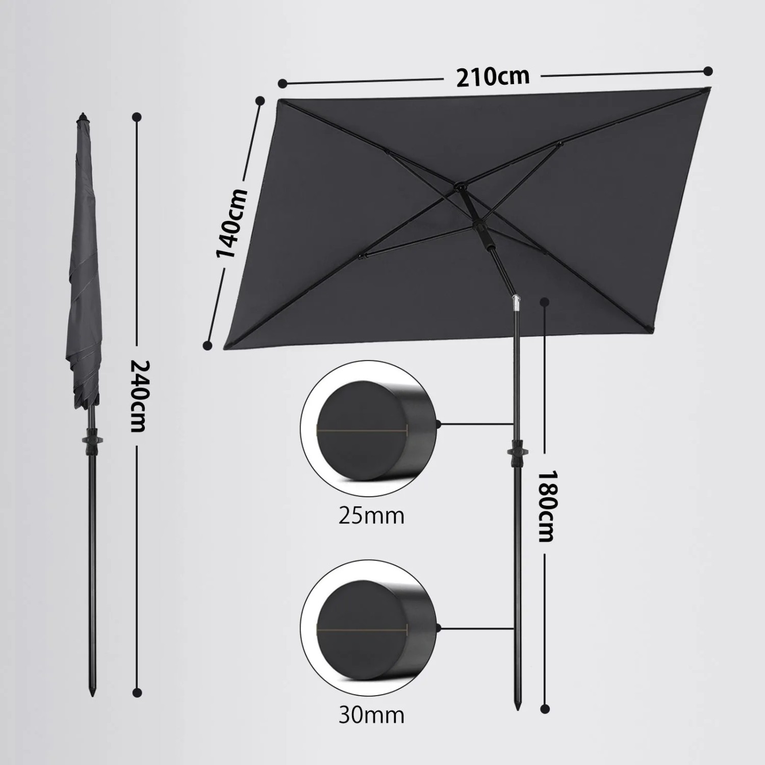 Sekey Sonnenschirm, 210x140 cm, rechteckig, mit Maßen und Details zum Schirmmast.