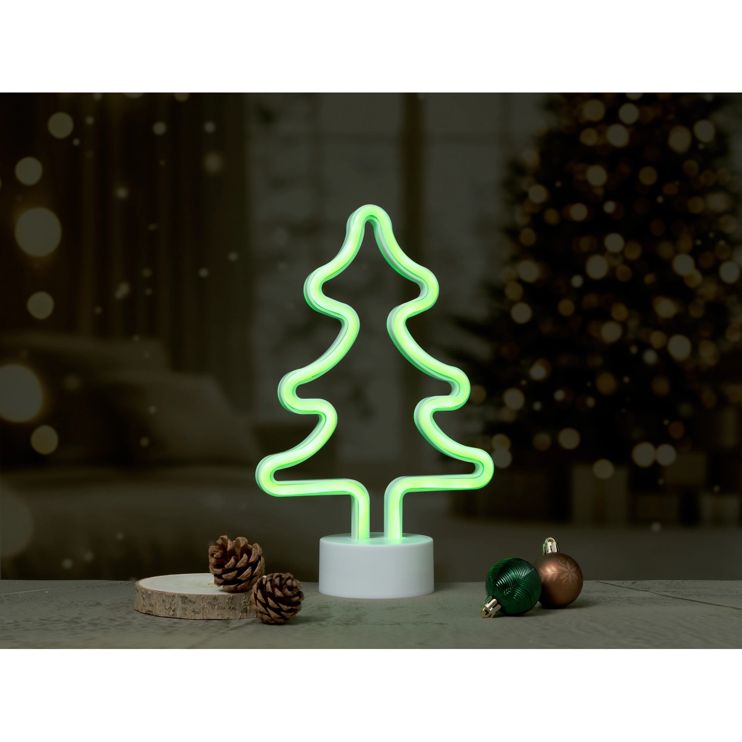 Grünes LED-Neonlicht in Tannenbaumform, 28 cm hoch, für stimmungsvolle Weihnachtsdeko im Innenbereich.